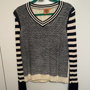 Tory Burch Alarice Navy Blue V-Neck Sweater, Size XL